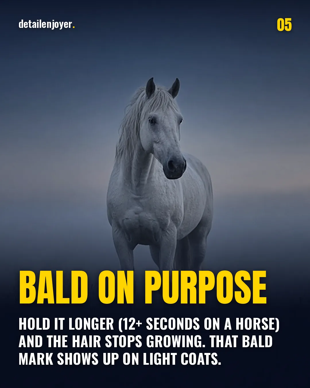 Bald on purpose Hold it longer (12+ seconds on a horse) and the hair stops growing. That bald mark shows up on light coats.