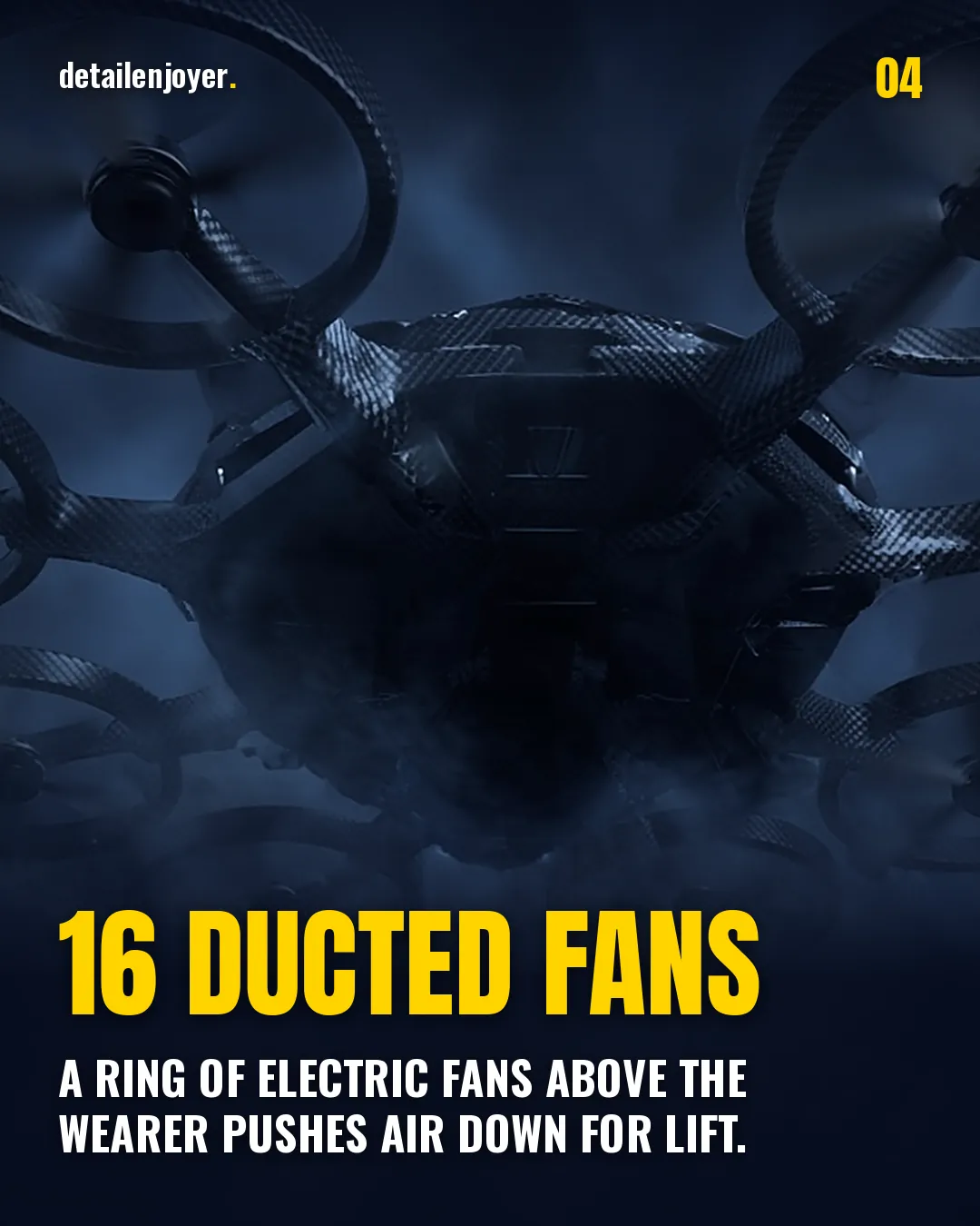 16 ducted fans A ring of electric fans above the wearer pushes air down for lift.