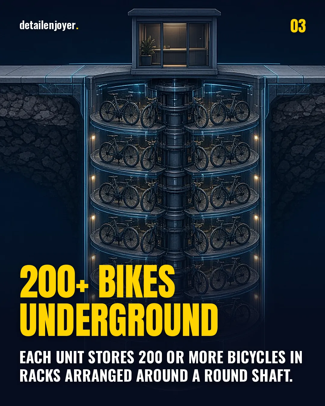 200+ bikes underground Each unit stores 200 or more bicycles in racks arranged around a round shaft.
