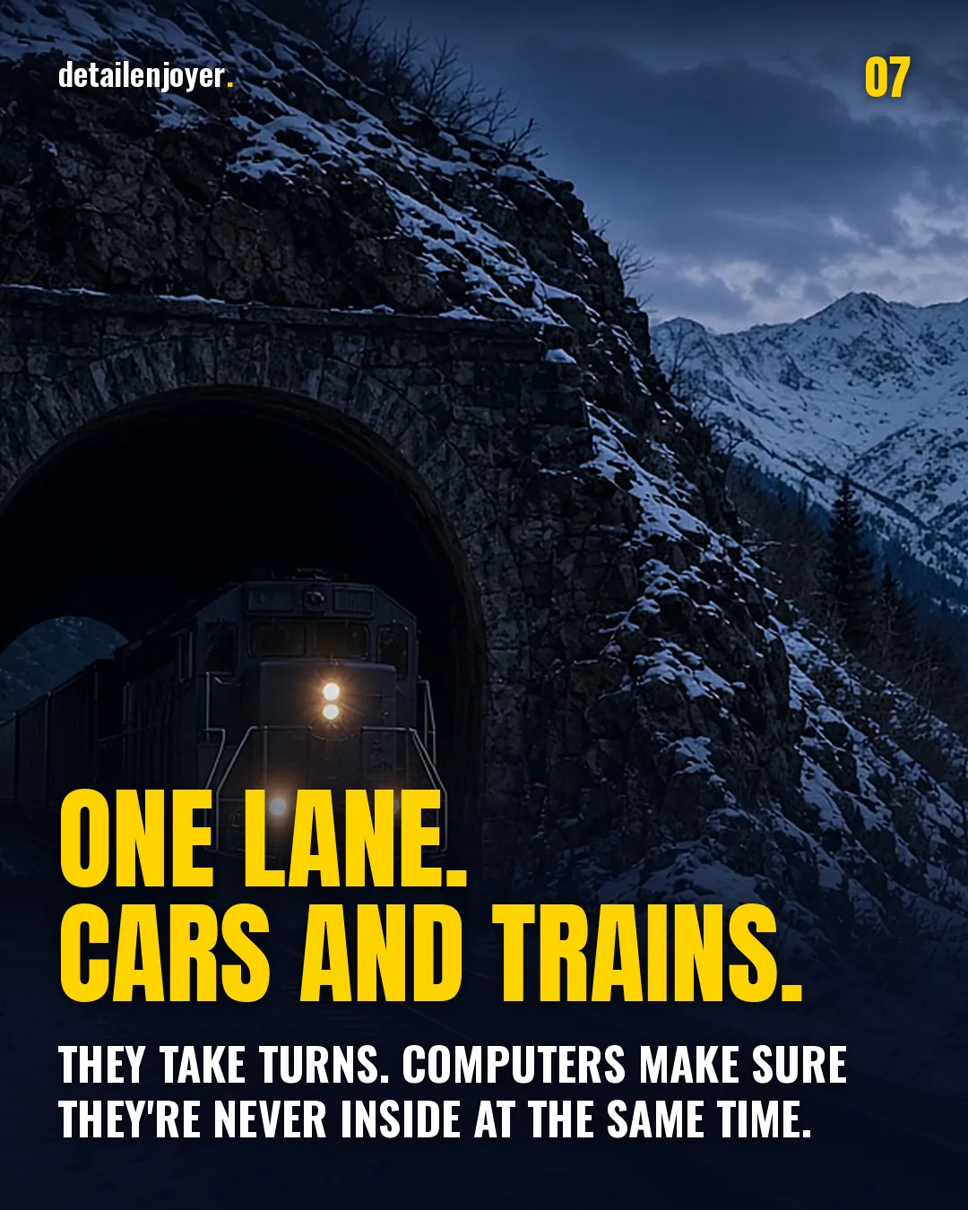 One lane. Cars and trains. They take turns. Computers make sure they're never inside at the same time.